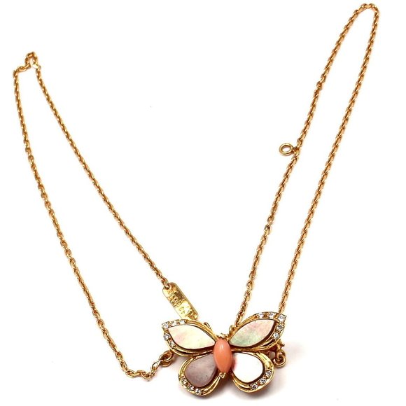 VAN CLEEF & ARPELS 18k Yellow Gold Diamond MOP Coral Butterfly Brooch Necklace - Picture 3 of 12
